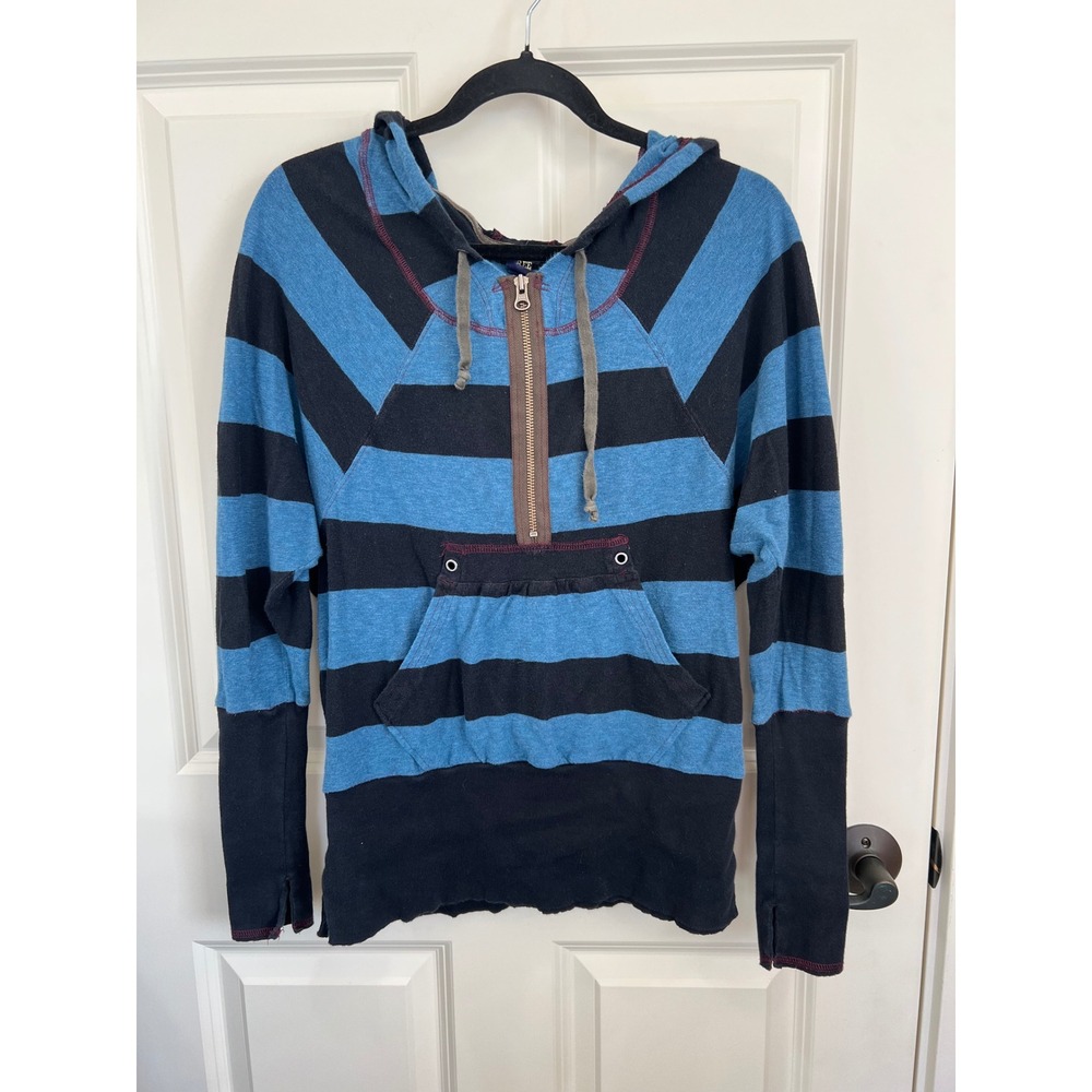 Free People‎ Vintage Striped Hooded 1/4 Zip Cotton Long Sleeve Sweater Size XS